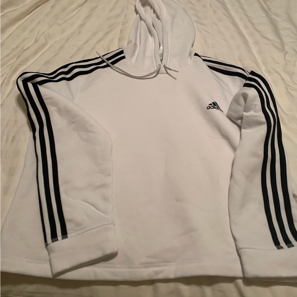 Adidas Women’s white Hoodie Crop Sweatshirt with Black Stripes - XL. NWOT